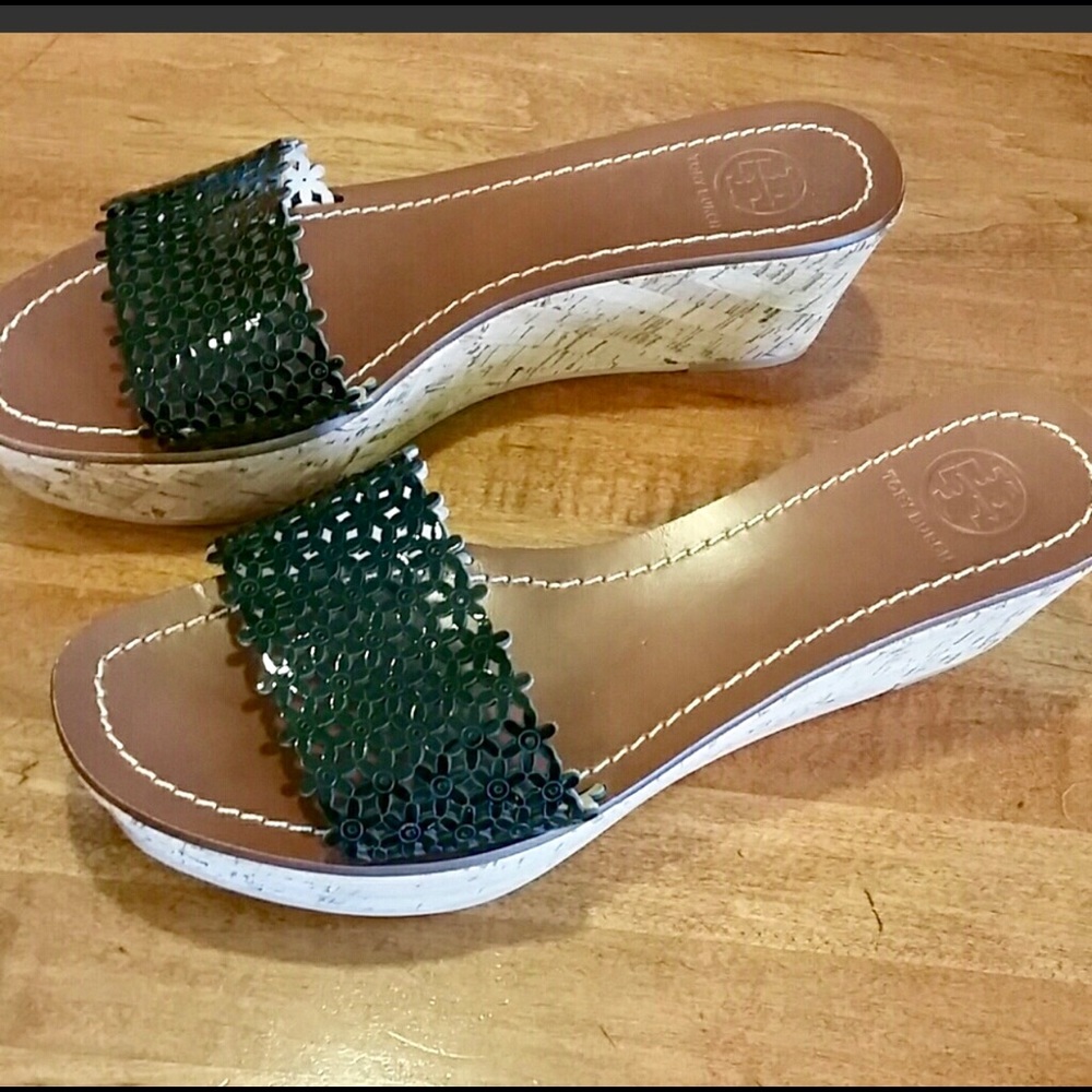 Tory Burch Patent Floral Wedge Sandals